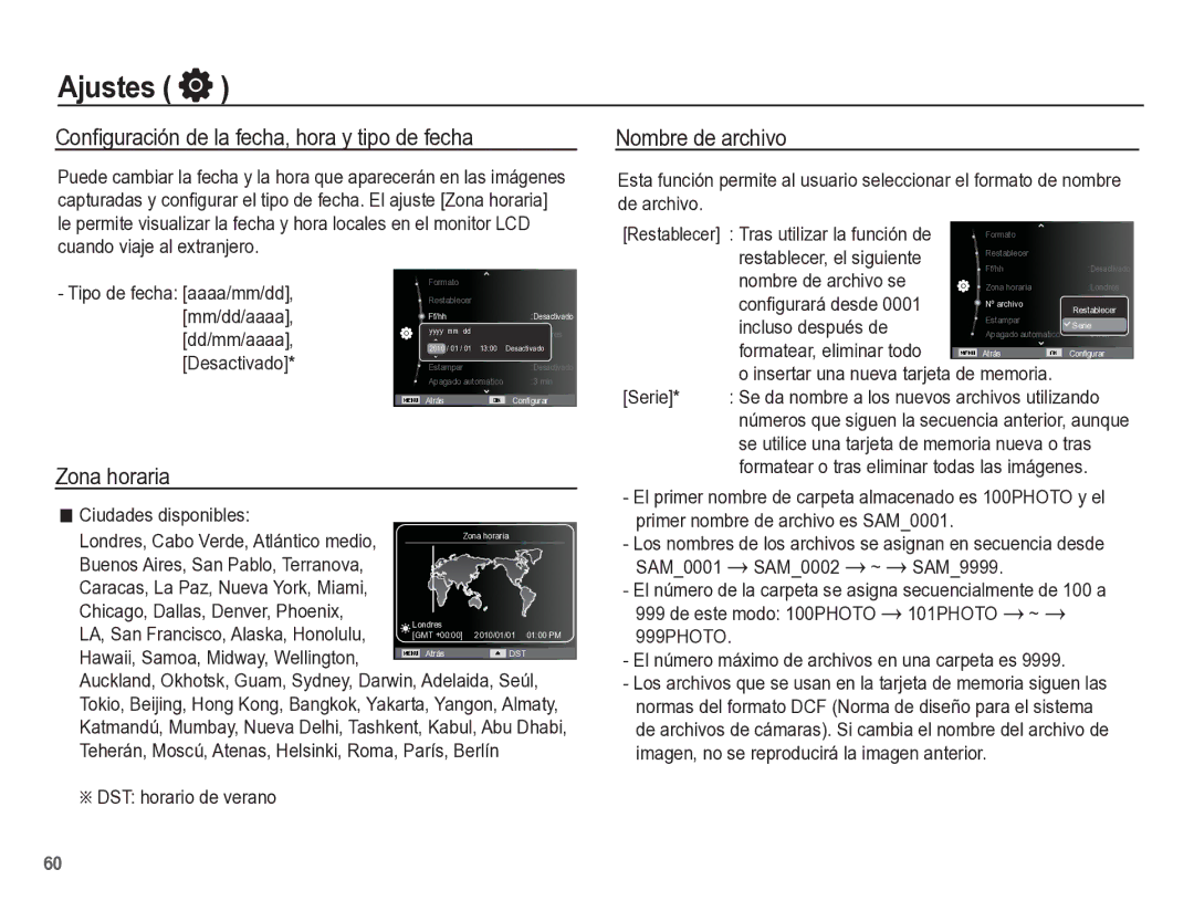 Samsung EC-ST60ZZBPRE1, EC-ST60ZZBPLE1 Conﬁguración de la fecha, hora y tipo de fecha, Zona horaria, Nombre de archivo 