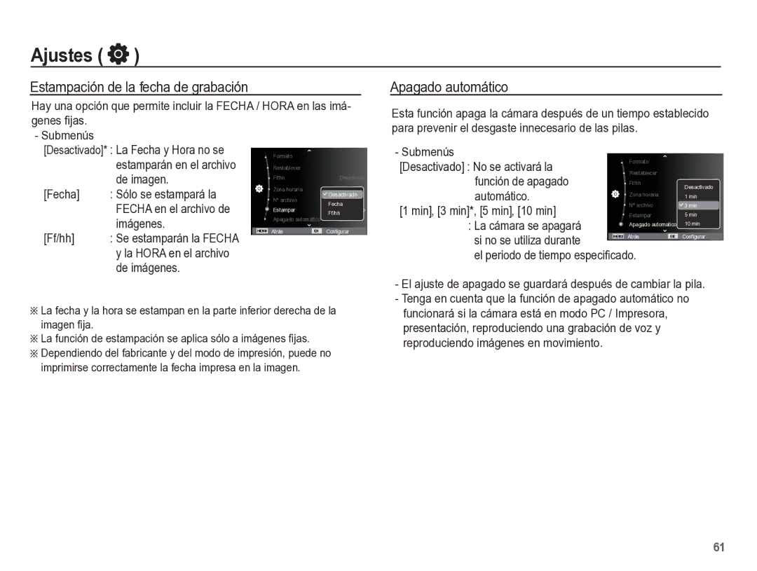 Samsung EC-ST60ZZBPBE1, EC-ST60ZZBPLE1, EC-ST60ZZBPRE1 manual Estampación de la fecha de grabación, Apagado automático 