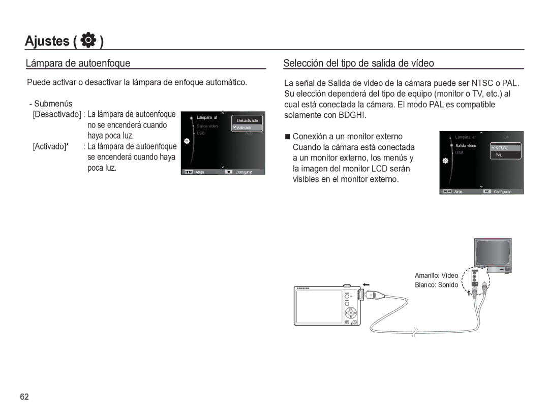 Samsung EC-ST60ZZBPLE1, EC-ST60ZZBPRE1, EC-ST60ZZBPBE1 manual Lámpara de autoenfoque, Selección del tipo de salida de vídeo 