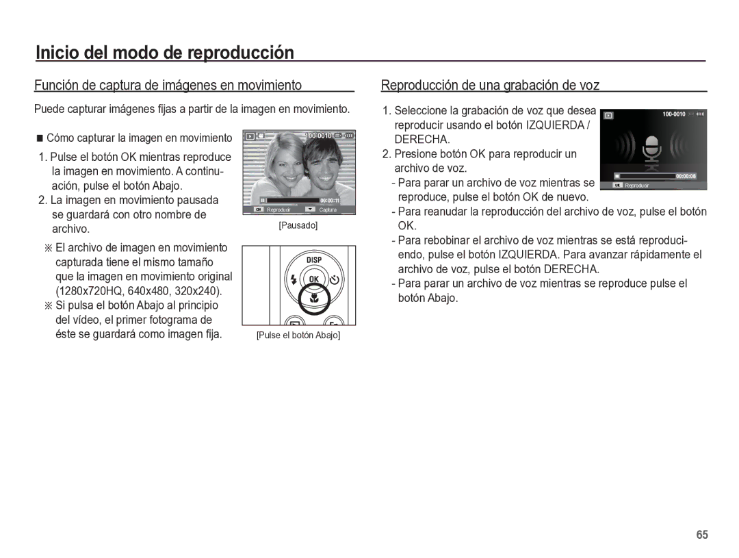 Samsung EC-ST60ZZBPLE1, EC-ST60ZZBPRE1 Función de captura de imágenes en movimiento, Reproducción de una grabación de voz 