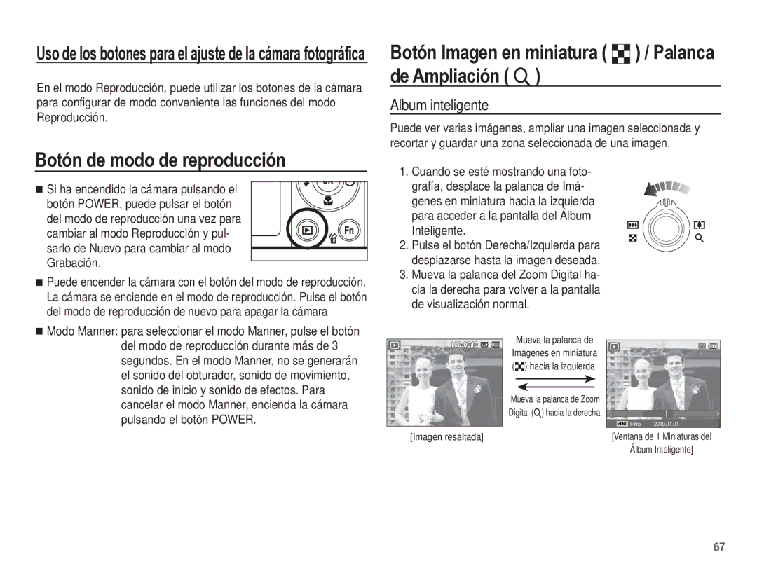 Samsung EC-ST60ZZBPBE1 Botón de modo de reproducción, Botón Imagen en miniatura º / Palanca de Ampliación í, Grabación 