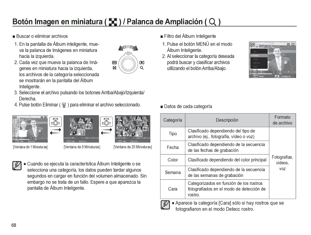 Samsung EC-ST60ZZBPLE1, EC-ST60ZZBPRE1, EC-ST60ZZBPBE1 manual Buscar o eliminar archivos, Datos de cada categoría 