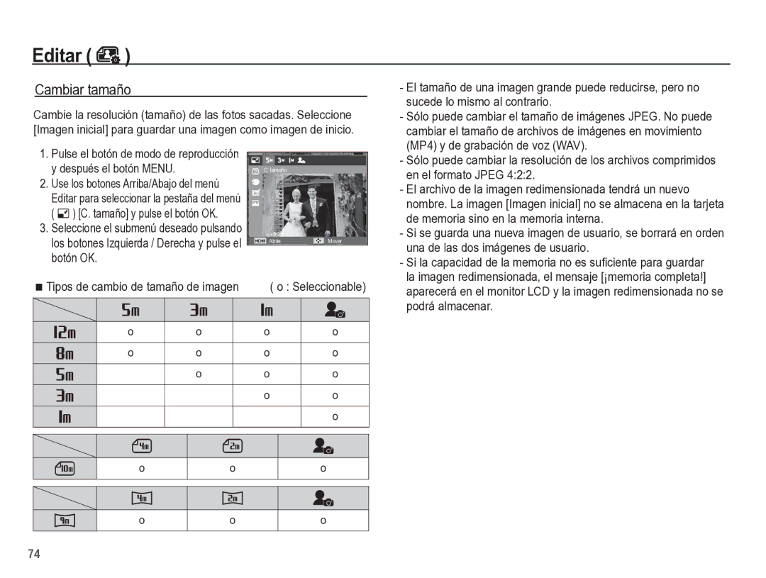 Samsung EC-ST60ZZBPLE1, EC-ST60ZZBPRE1, EC-ST60ZZBPBE1 manual Editar, Cambiar tamaño 