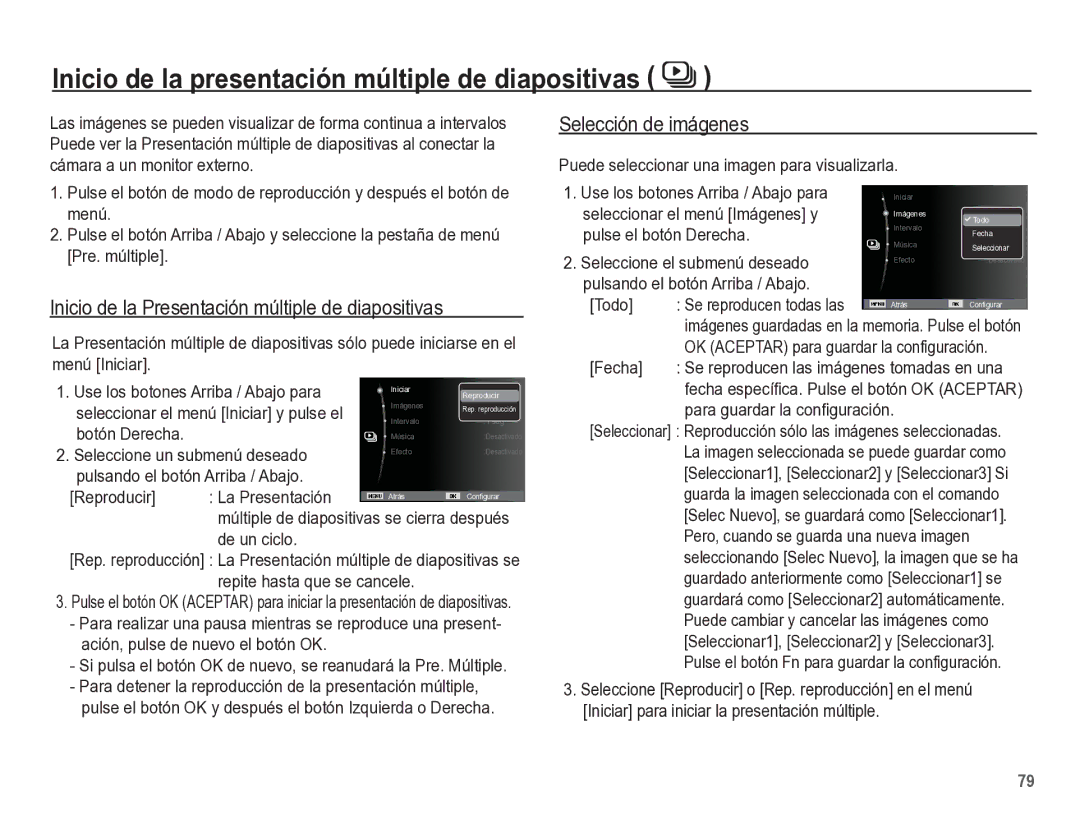 Samsung EC-ST60ZZBPBE1, EC-ST60ZZBPLE1 manual Inicio de la presentación múltiple de diapositivas, Selección de imágenes 