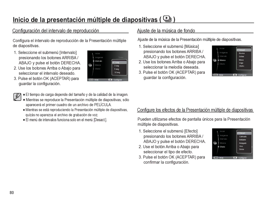 Samsung EC-ST60ZZBPLE1 Configuración del intervalo de reproducción, Ajuste de la música de fondo, Guardar la configuración 