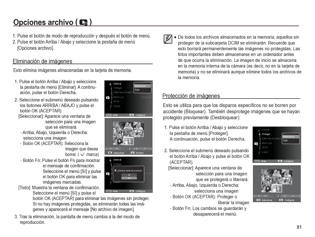 Samsung EC-ST60ZZBPRE1, EC-ST60ZZBPLE1, EC-ST60ZZBPBE1 Opciones archivo, Eliminación de imágenes, Protección de imágenes 