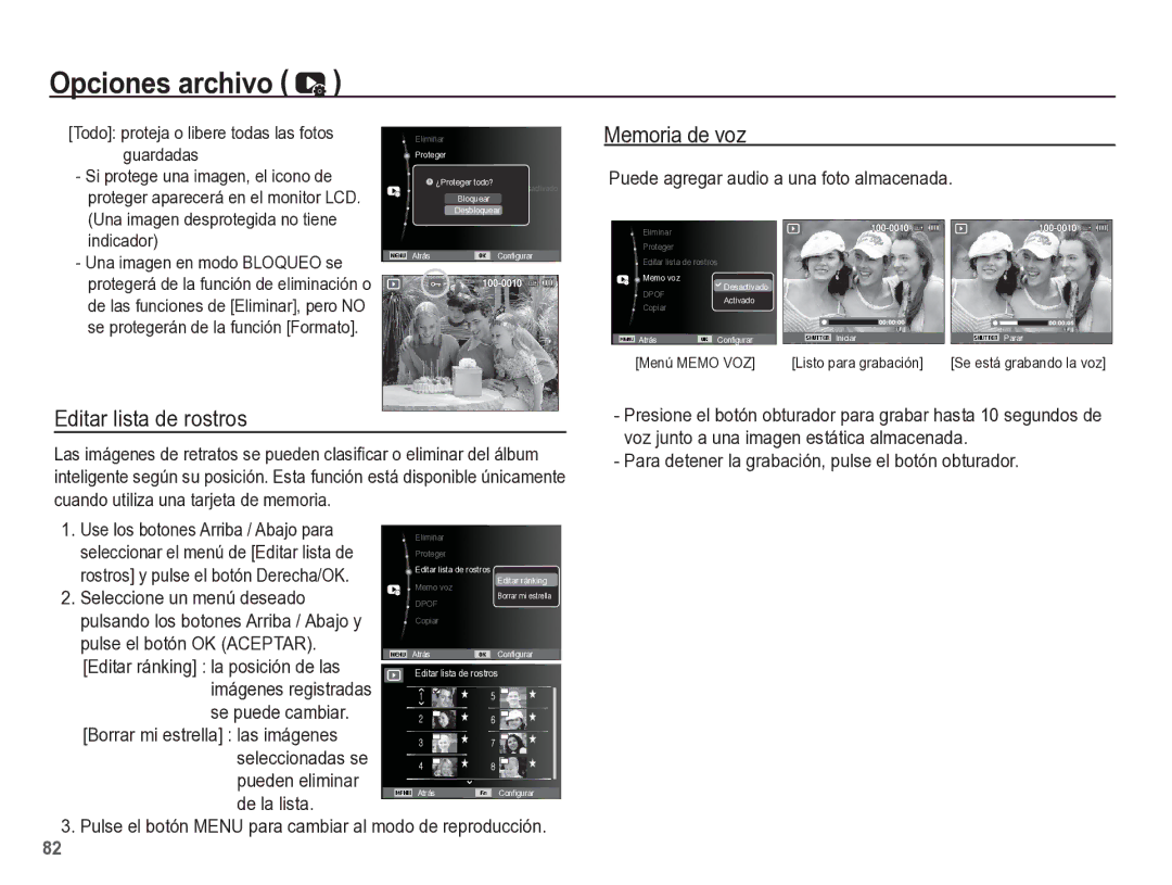 Samsung EC-ST60ZZBPBE1, EC-ST60ZZBPLE1, EC-ST60ZZBPRE1 manual Memoria de voz, Editar lista de rostros 