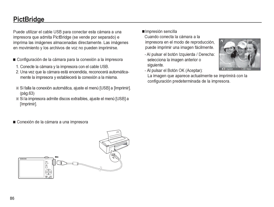 Samsung EC-ST60ZZBPLE1, EC-ST60ZZBPRE1, EC-ST60ZZBPBE1 manual PictBridge, Configuración predeterminada de la impresora 