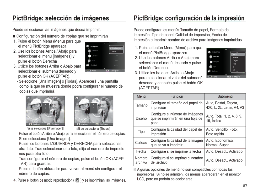 Samsung EC-ST60ZZBPRE1 PictBridge selección de imágenes, El menú PictBridge aparezca, Use los botones Arriba / Abajo para 