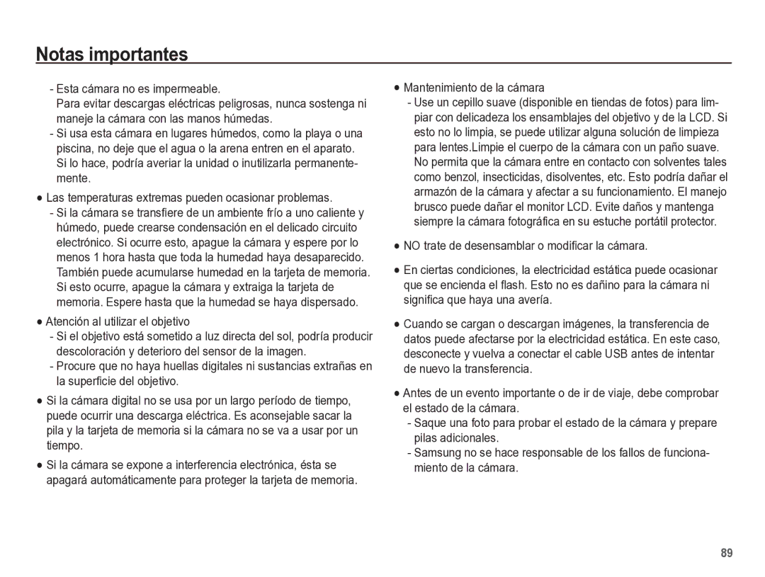 Samsung EC-ST60ZZBPLE1 manual Esta cámara no es impermeable, Atención al utilizar el objetivo, Mantenimiento de la cámara 