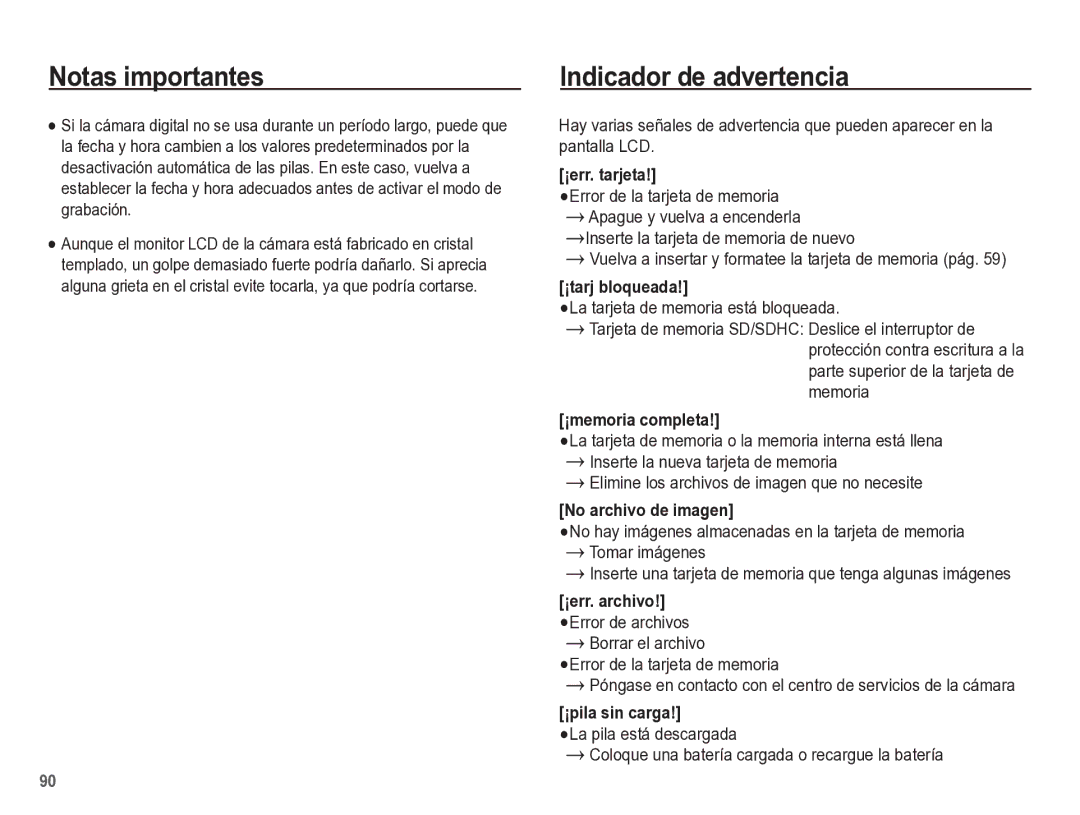 Samsung EC-ST60ZZBPRE1, EC-ST60ZZBPLE1, EC-ST60ZZBPBE1 manual Indicador de advertencia, La tarjeta de memoria está bloqueada 