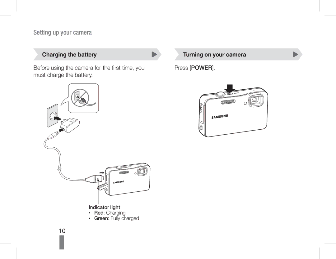 Samsung EC-ST61ZZBPBE1, EC-ST60ZZBPLE1, EC-ST60ZZBPSE1, EC-ST60ZZBPRE1 manual Setting up your camera, Charging the battery 