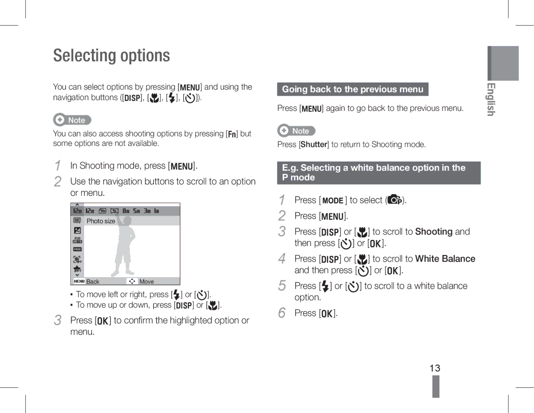 Samsung EC-WP10ZZBPUIT Selecting options, Going back to the previous menu, Selecting a white balance option in the P mode 