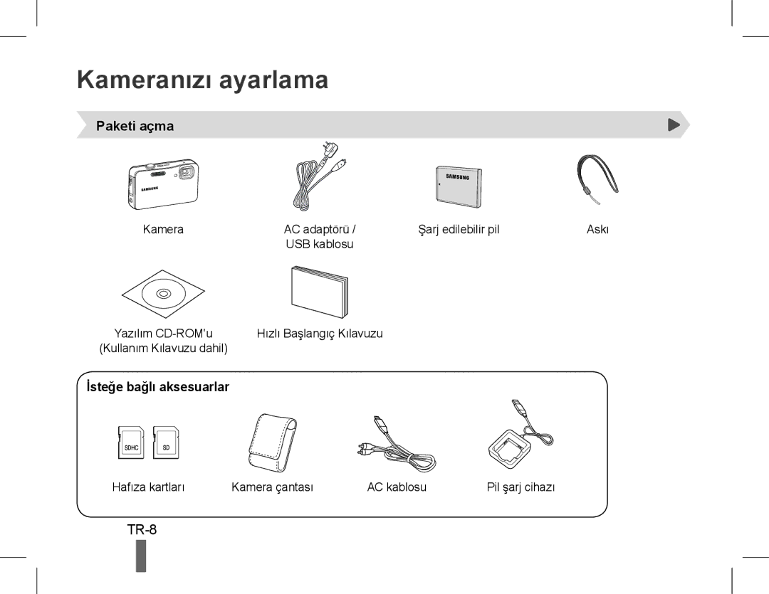 Samsung EC-WP10ZZBPYSA, EC-ST60ZZBPLE1, EC-ST60ZZBPSE1 Kameranızı ayarlama, TR-8, Paketi açma, İsteğe bağlı aksesuarlar 