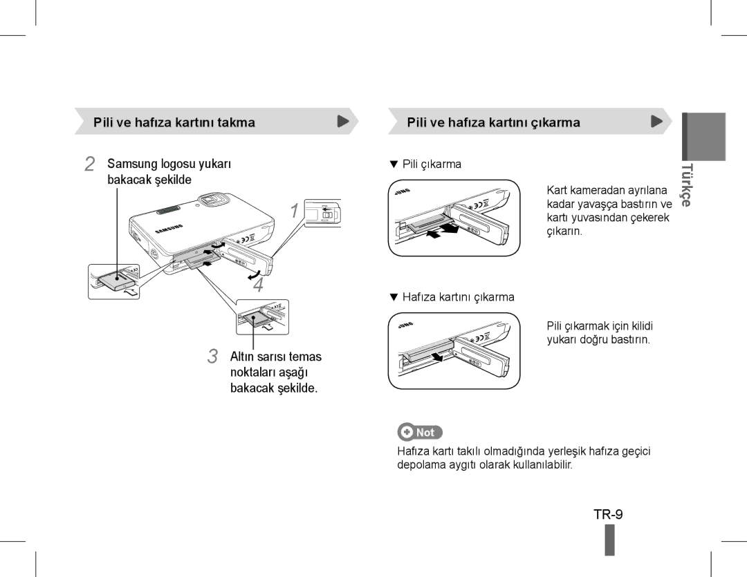 Samsung EC-WP10ZZBPBSA, EC-ST60ZZBPLE1, EC-ST60ZZBPSE1 TR-9, Pili ve hafıza kartını takma, Bakacak şekilde, Noktaları aşağı 