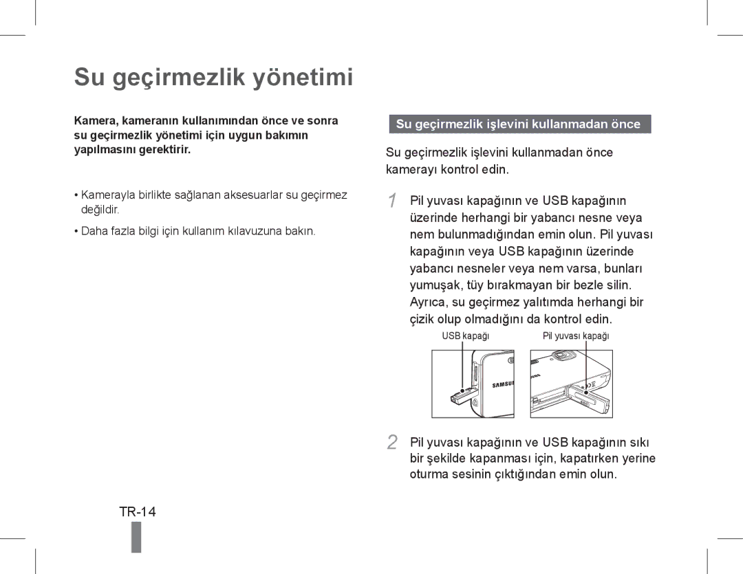 Samsung EC-WP10ZZDPYME, EC-ST60ZZBPLE1 manual Su geçirmezlik yönetimi, TR-14, Su geçirmezlik işlevini kullanmadan önce 