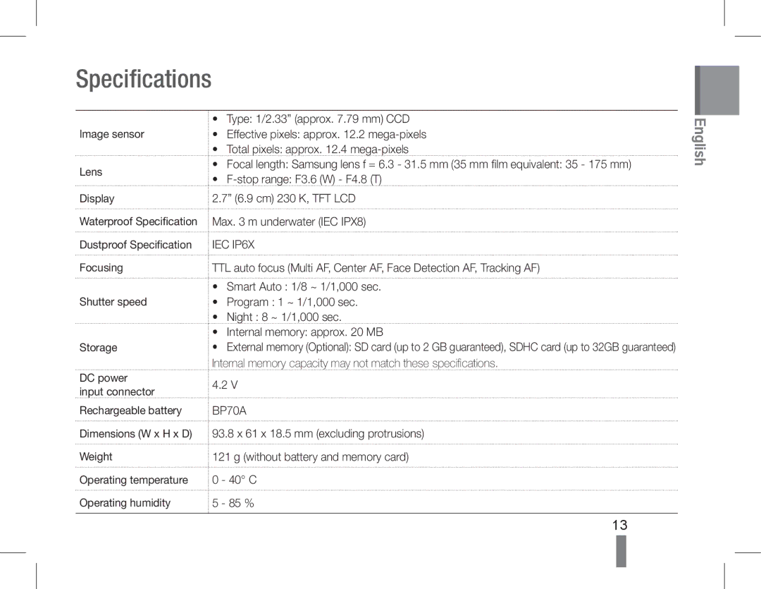 Samsung EC-WP10ZZBPUIT, EC-ST60ZZBPLE1, EC-ST60ZZBPSE1, EC-ST60ZZBPRE1, EC-ST61ZZBPRE1, EC-WP10ZZBPUE1 manual Specifications 