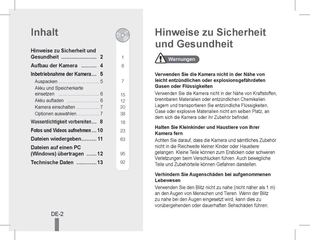 Samsung EC-WP10ZZBPRIT, EC-ST60ZZBPLE1 manual Inhalt, Hinweise zu Sicherheit und Gesundheit, DE-2, Dateien auf einen PC 