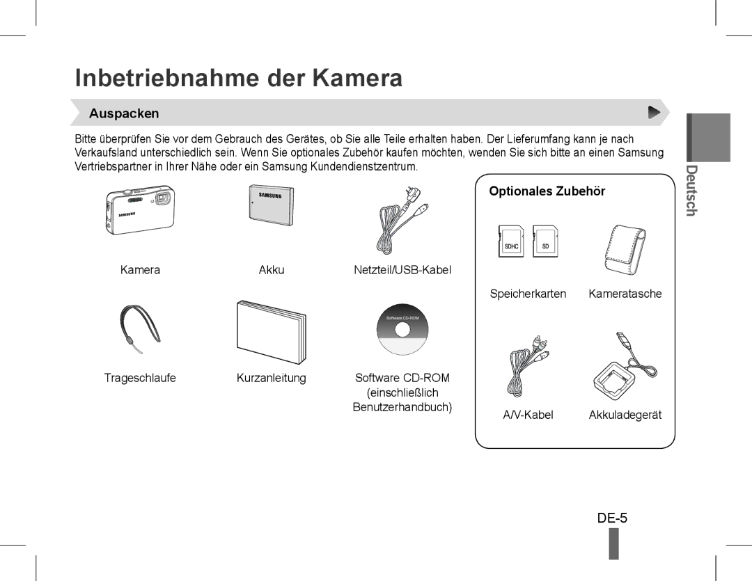 Samsung EC-ST60ZZBPBIT, EC-ST60ZZBPLE1, EC-ST60ZZBPSE1 manual Inbetriebnahme der Kamera, DE-5, Auspacken, Optionales Zubehör 