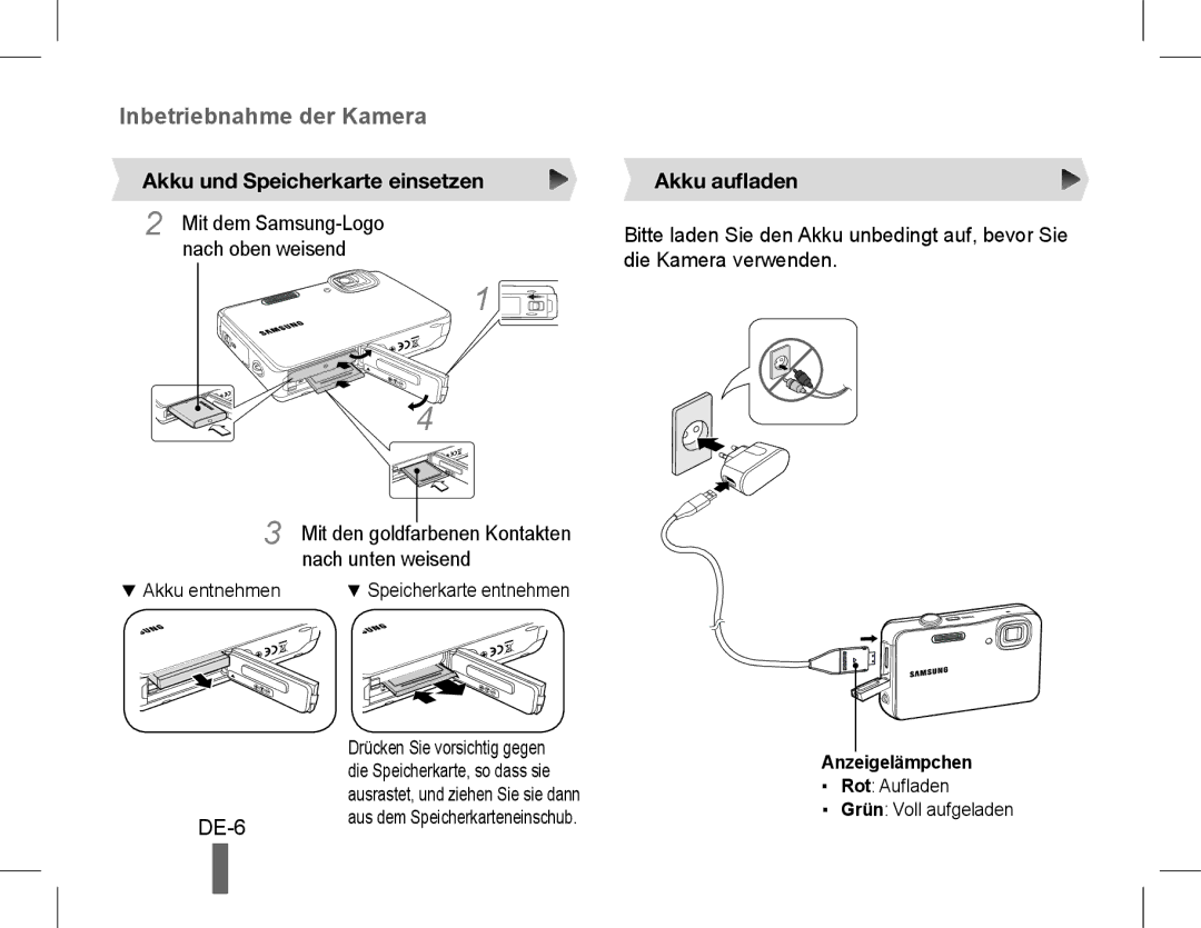 Samsung EC-WP10ZABA/ES, EC-ST60ZZBPLE1, EC-ST60ZZBPSE1, EC-ST60ZZBPRE1 DE-6, Akku und Speicherkarte einsetzen, Akku aufladen 