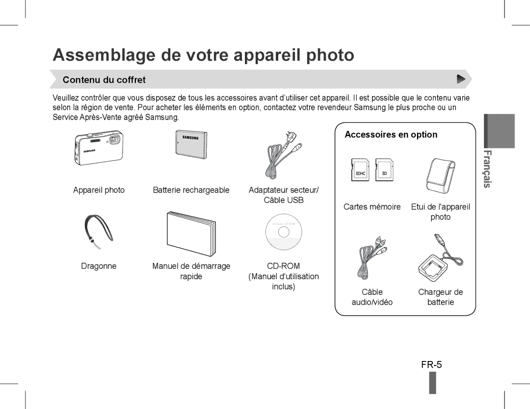 Samsung EC-WP10ZZDPBIR, EC-ST60ZZBPLE1 Assemblage de votre appareil photo, FR-5, Contenu du coffret, Accessoires en option 