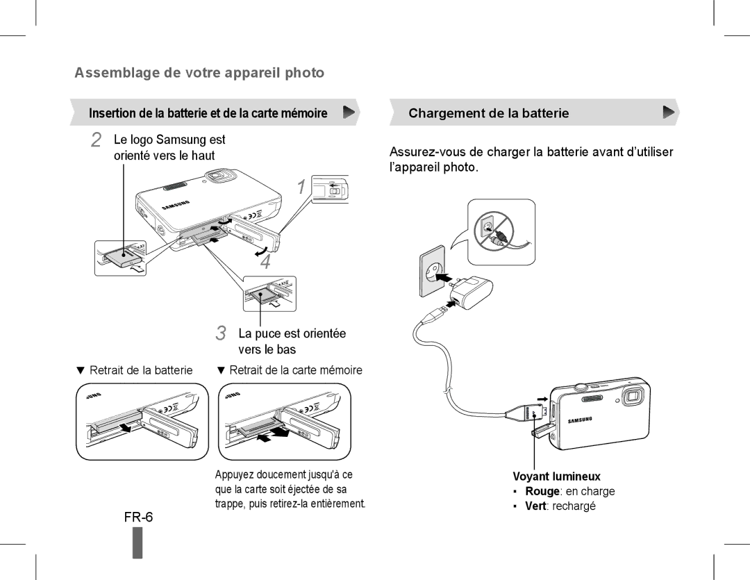 Samsung EC-WP10ZZDPRIR FR-6, Insertion de la batterie et de la carte mémoire, Chargement de la batterie, Voyant lumineux 