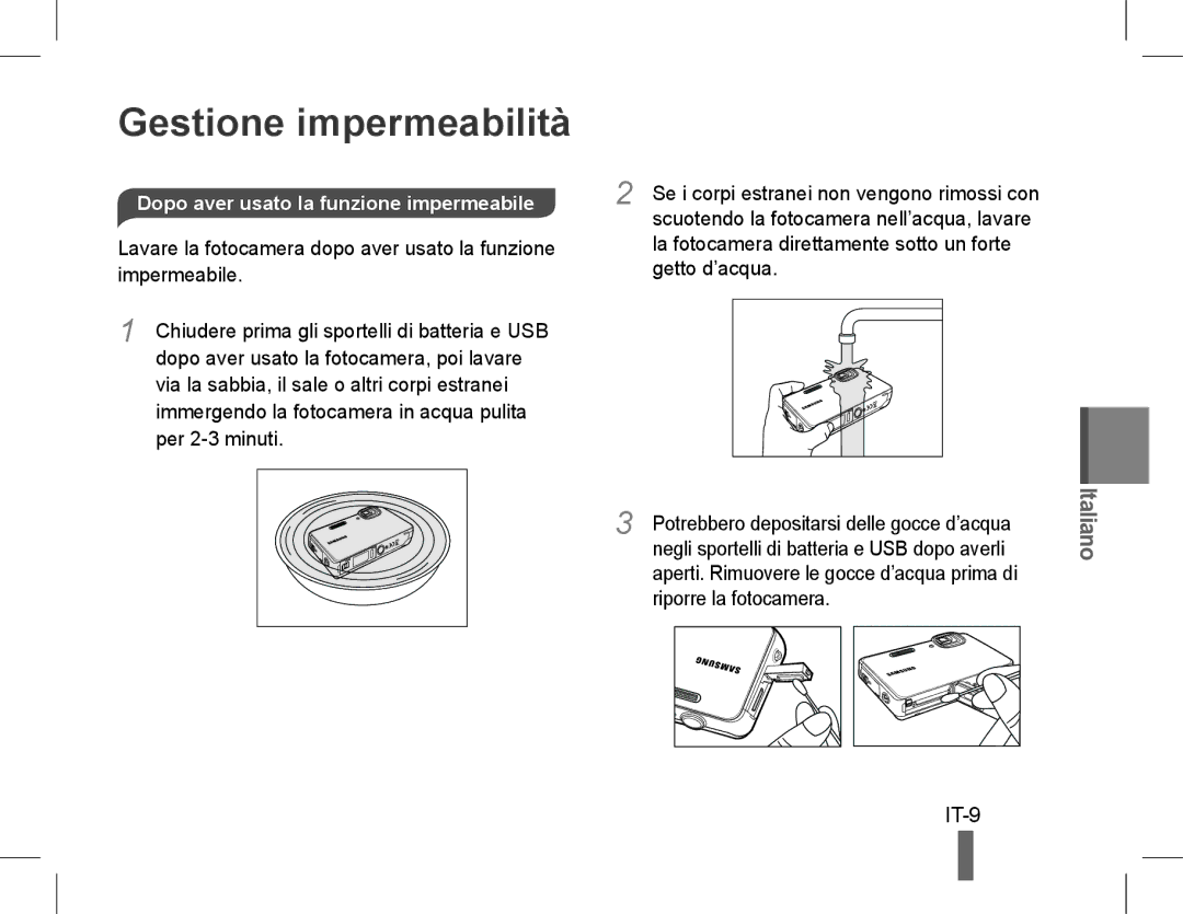 Samsung EC-WP10ZZBPRE3, EC-ST60ZZBPLE1, EC-ST60ZZBPSE1, EC-ST60ZZBPRE1 manual IT-9, Dopo aver usato la funzione impermeabile 