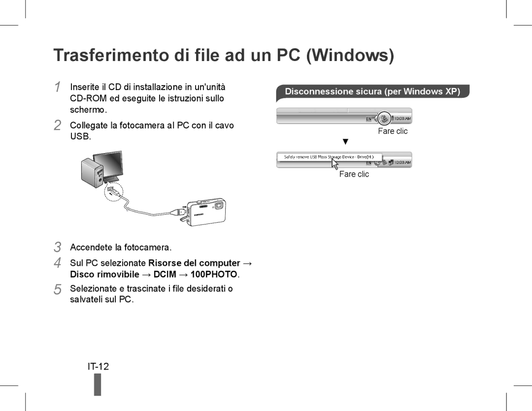 Samsung EC-ST60ZZBPLE2, EC-ST60ZZBPLE1 Trasferimento di file ad un PC Windows, IT-12, Disco rimovibile → Dcim → 100PHOTO 