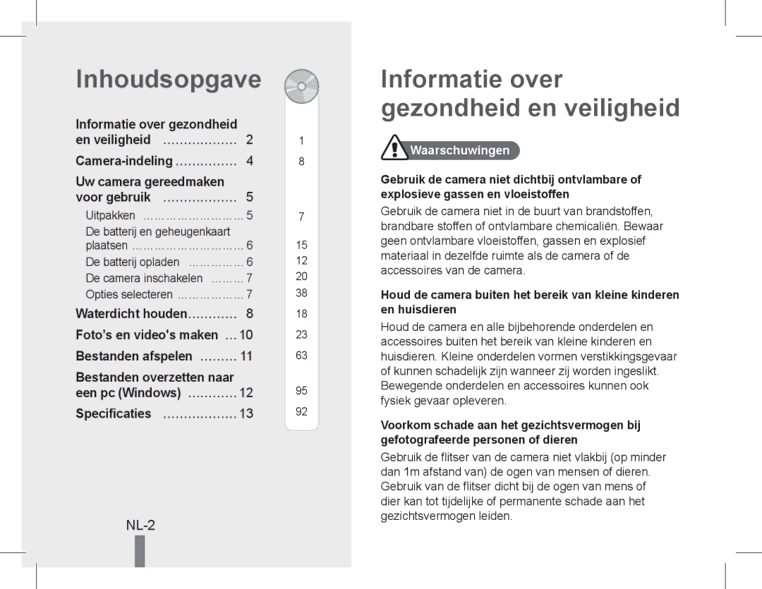 Samsung EC-ST60ZZBPBE2, EC-ST60ZZBPLE1, EC-ST60ZZBPSE1 manual Inhoudsopgave, Informatie over gezondheid en veiligheid, NL-2 