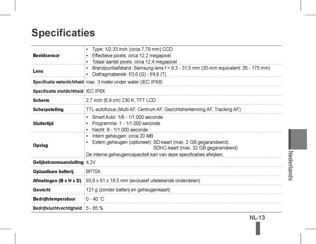 Samsung EC-WP10ZZBPYRU, EC-ST60ZZBPLE1, EC-ST60ZZBPSE1, EC-ST60ZZBPRE1, EC-ST61ZZBPRE1, EC-WP10ZZBPUE1 Specificaties, NL-13 