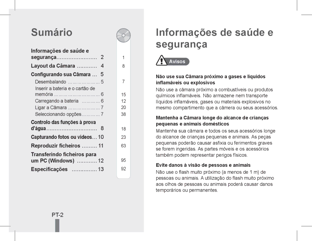 Samsung EC-WP10ZZBPYIL, EC-ST60ZZBPLE1, EC-ST60ZZBPSE1, EC-ST60ZZBPRE1 manual Sumário, Informações de saúde e segurança, PT-2 