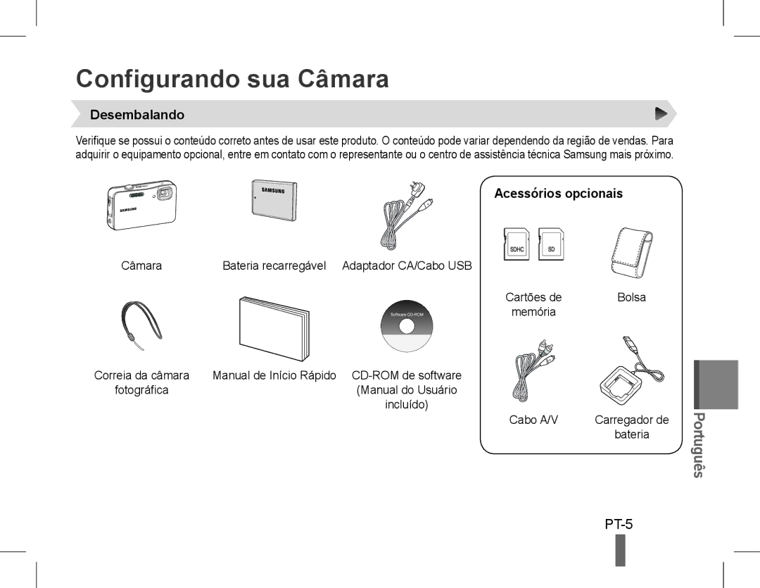 Samsung EC-WP10ZZBPBIL, EC-ST60ZZBPLE1, EC-ST60ZZBPSE1 Configurando sua Câmara, PT-5, Desembalando, Acessórios opcionais 