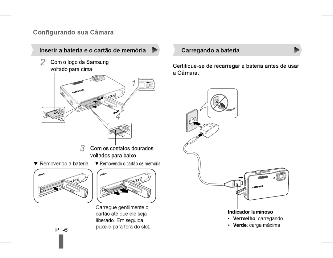 Samsung EC-ST60ZZBPLE1 manual PT-6, Inserir a bateria e o cartão de memória, Voltado para cima, Carregando a bateria 