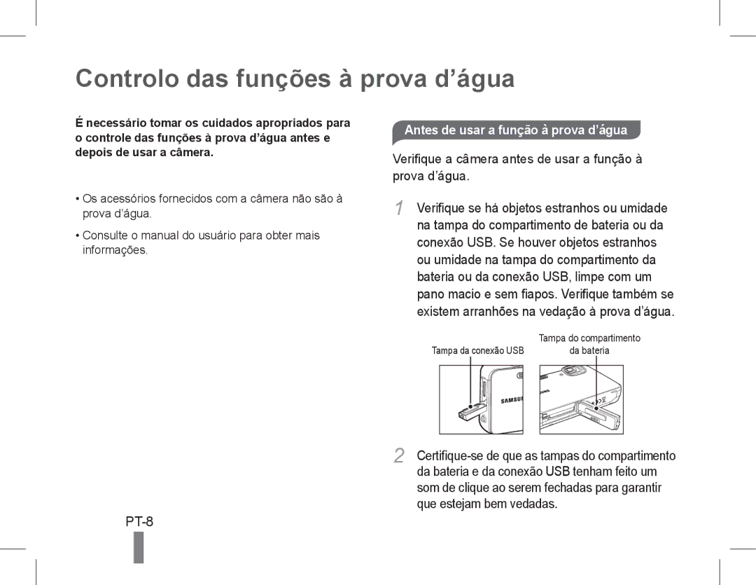 Samsung EC-ST60ZZBPRE1, EC-ST60ZZBPLE1 Controlo das funções à prova d’água, PT-8, Antes de usar a função à prova d’água 