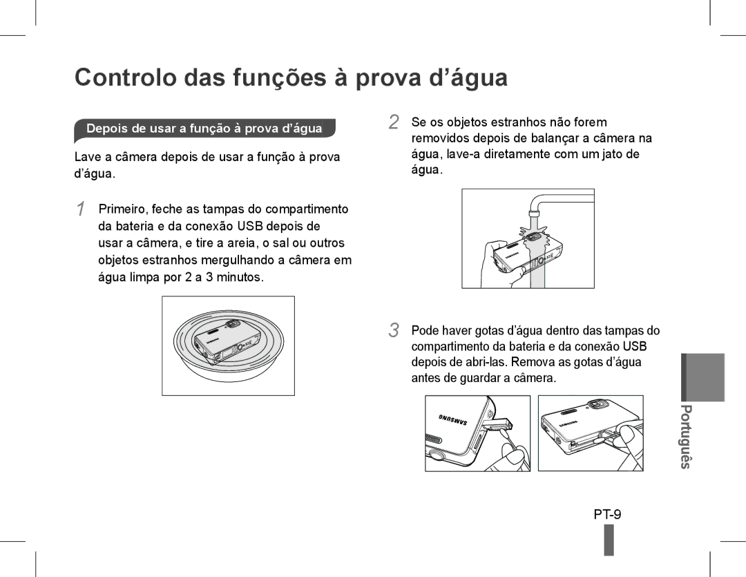 Samsung EC-ST61ZZBPRE1 PT-9, Depois de usar a função à prova d’água, Lave a câmera depois de usar a função à prova d’água 