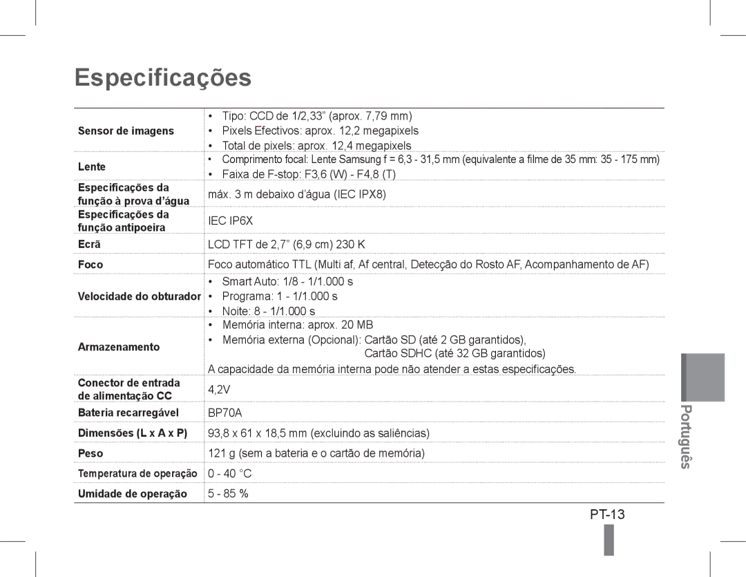 Samsung EC-WP10ZZBPUGS, EC-ST60ZZBPLE1, EC-ST60ZZBPSE1, EC-ST60ZZBPRE1, EC-ST61ZZBPRE1, EC-WP10ZZBPUE1 Especificações, PT-13 