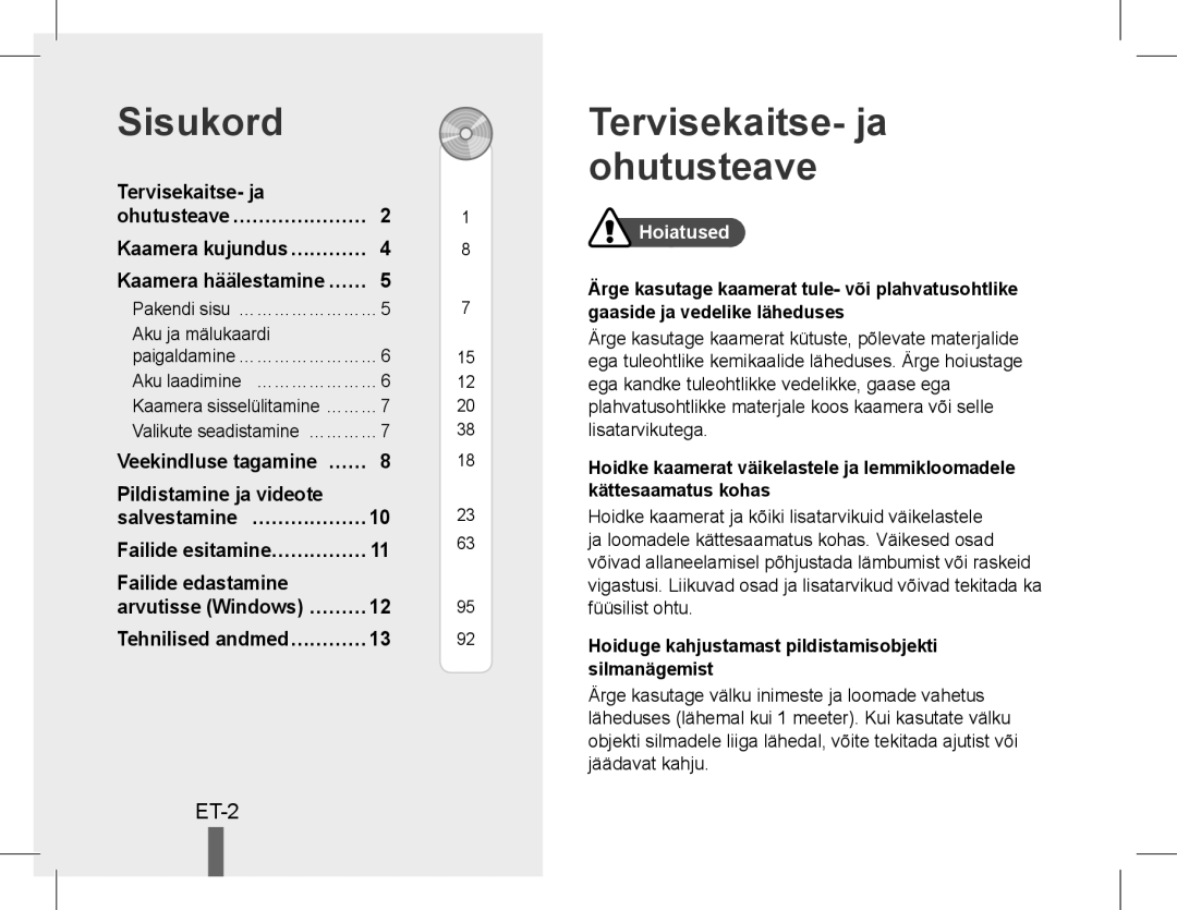 Samsung EC-ST61ZZBPBE1, EC-ST60ZZBPLE1, EC-ST60ZZBPSE1, EC-ST60ZZBPRE1 manual Sisukord, Tervisekaitse- ja ohutusteave, ET-2 