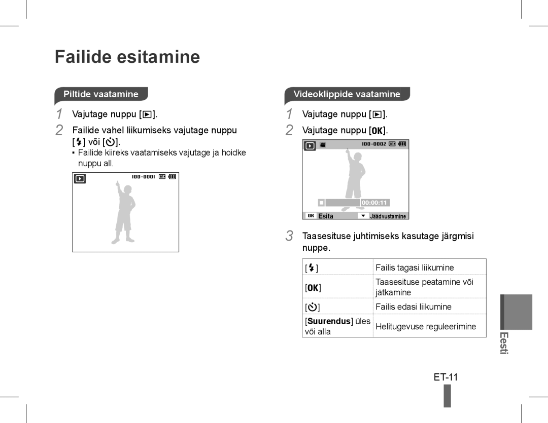 Samsung EC-ST60ZZBPBIT Failide esitamine, ET-11, Videoklippide vaatamine, Taasesituse juhtimiseks kasutage järgmisi, Nuppe 