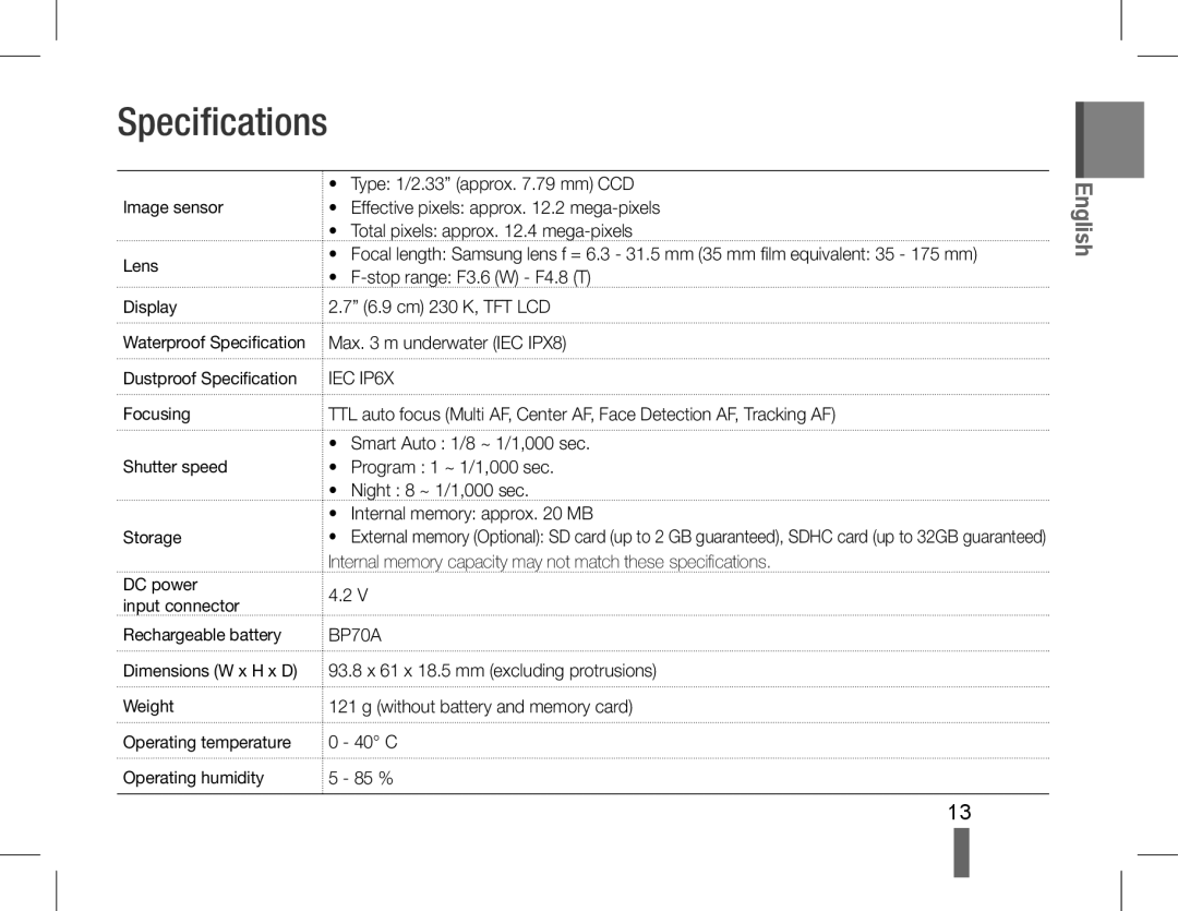 Samsung EC-WP10ZZBPUIT, EC-ST60ZZBPLE1, EC-ST60ZZBPSE1, EC-ST60ZZBPRE1 manual Specifications, Image sensor Lens Display 