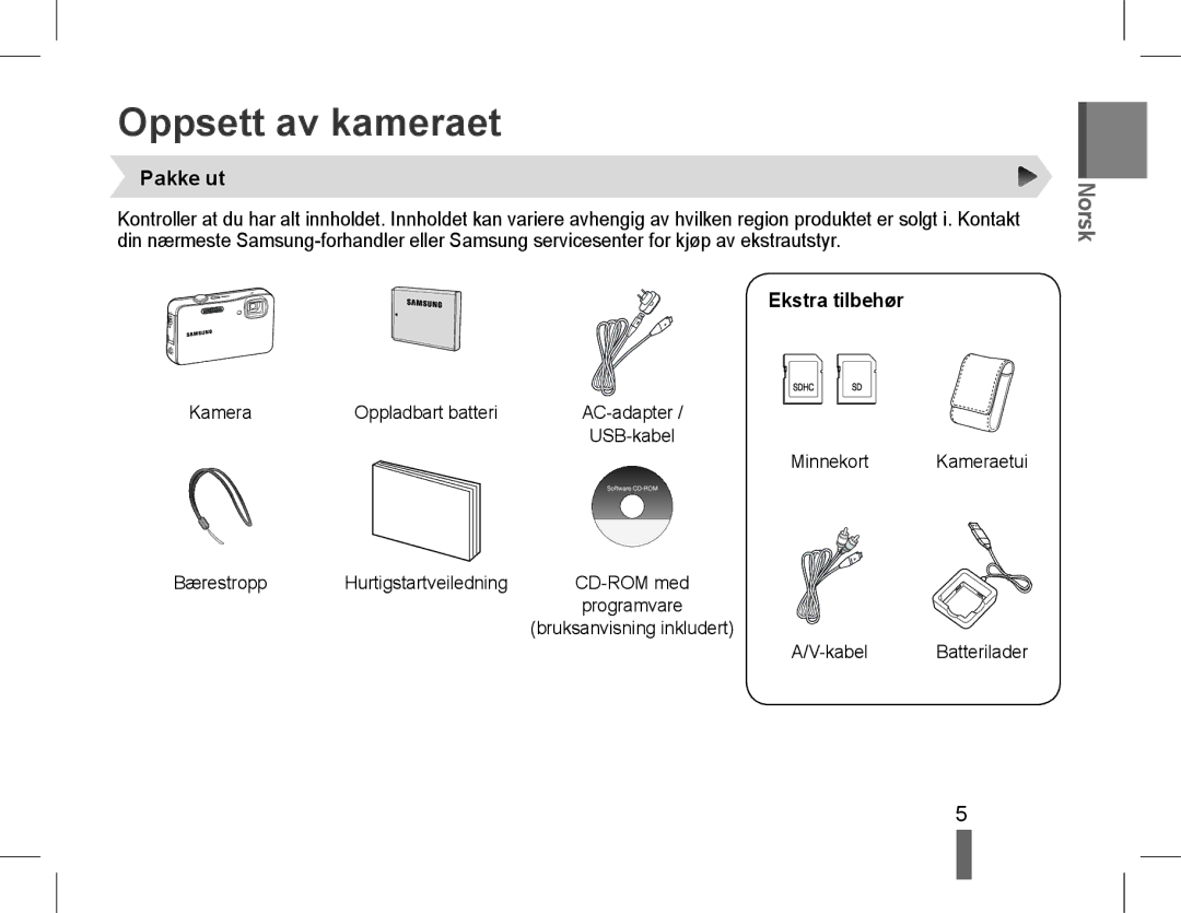 Samsung EC-ST60ZZBPBSA, EC-ST60ZZBPLE1, EC-ST60ZZBPSE1, EC-ST60ZZBPRE1 manual Oppsett av kameraet, Pakke ut, Ekstra tilbehør 