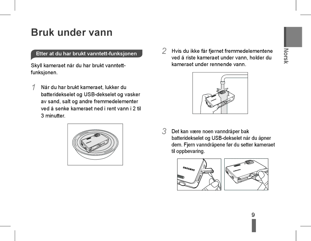 Samsung EC-ST60ZZBPRIL Etter at du har brukt vanntett-funksjonen, Skyll kameraet når du har brukt vanntett- funksjonen 