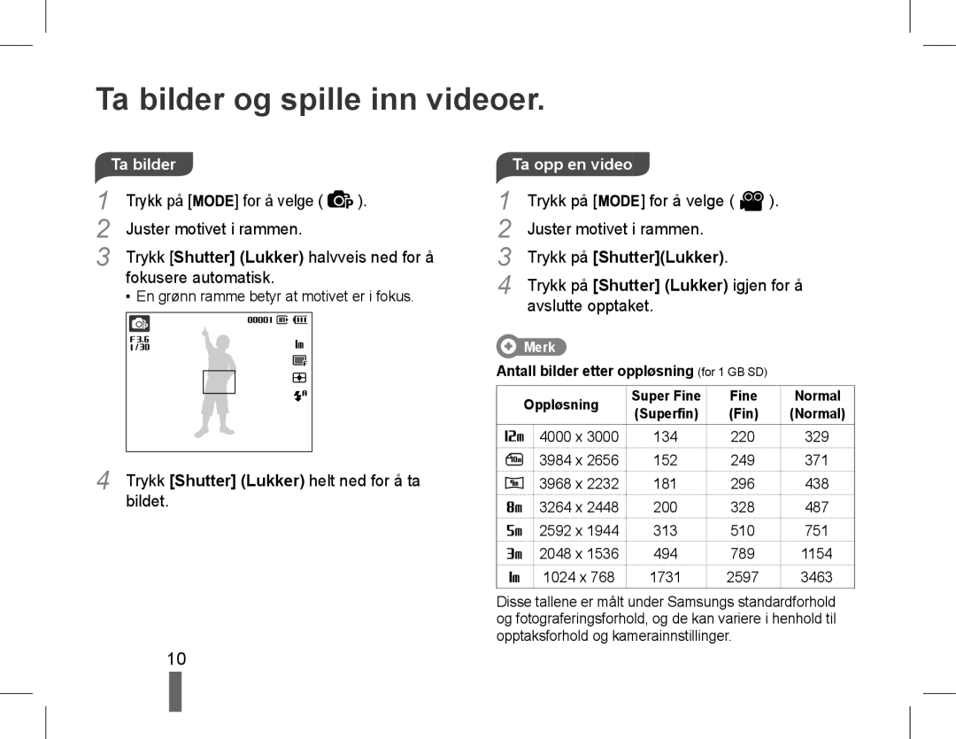 Samsung EC-ST60ZZDPLME, EC-ST60ZZBPLE1, EC-ST60ZZBPSE1 manual Ta bilder og spille inn videoer, Trykk på ShutterLukker 