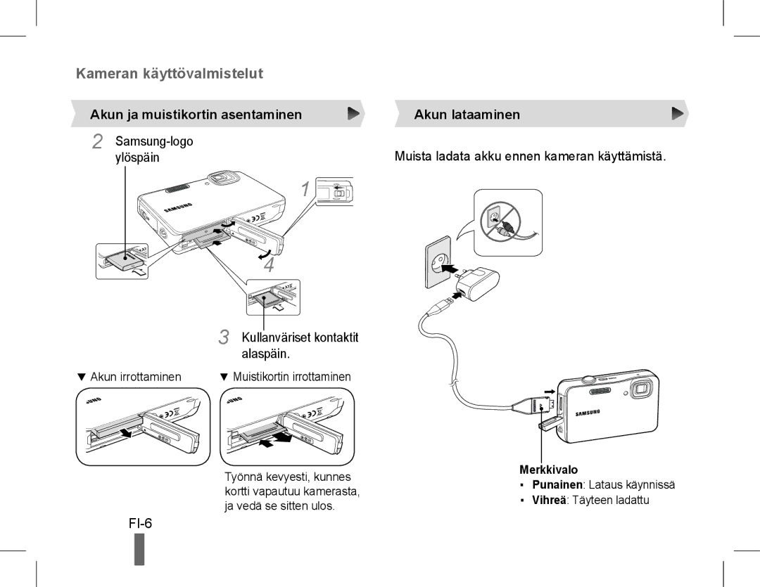 Samsung EC-WP10ZABA/ES, EC-ST60ZZBPLE1 manual FI-6, Akun ja muistikortin asentaminen, Samsungylöspäin -logo, Akun lataaminen 