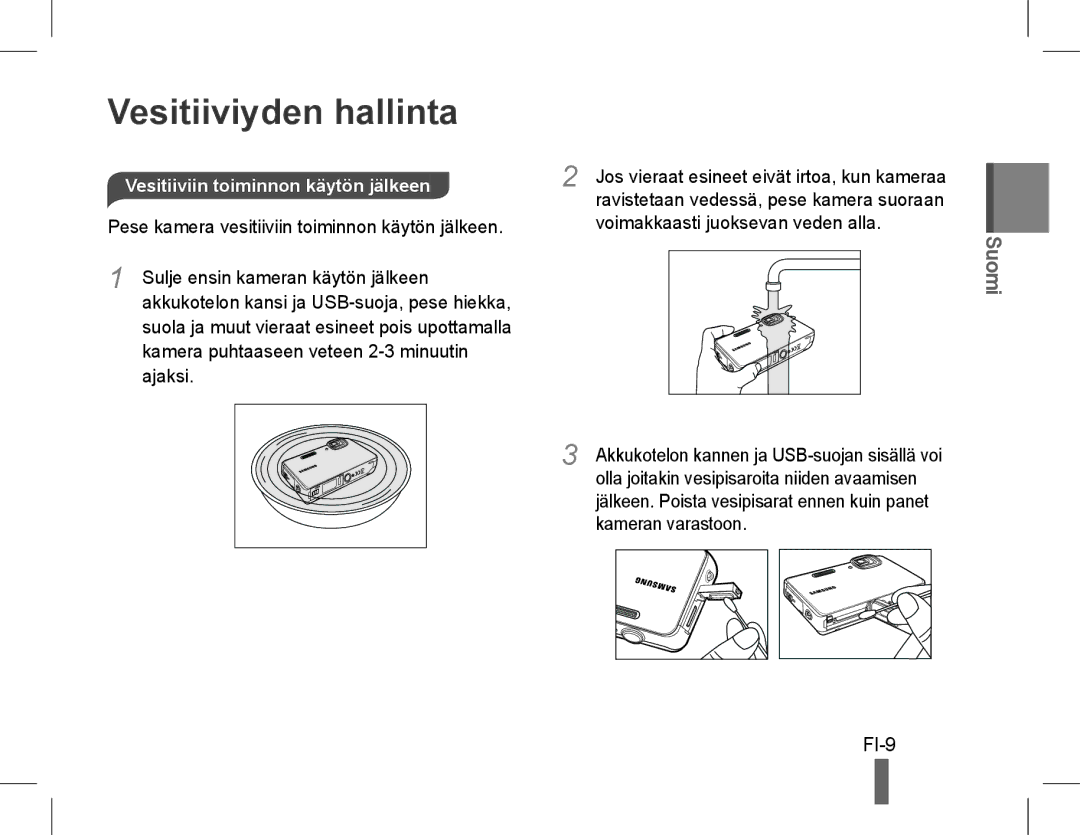 Samsung EC-WP10ZZBPYE1, EC-ST60ZZBPLE1 manual FI-9, Vesitiiviin toiminnon käytön jälkeen, Voimakkaasti juoksevan veden alla 