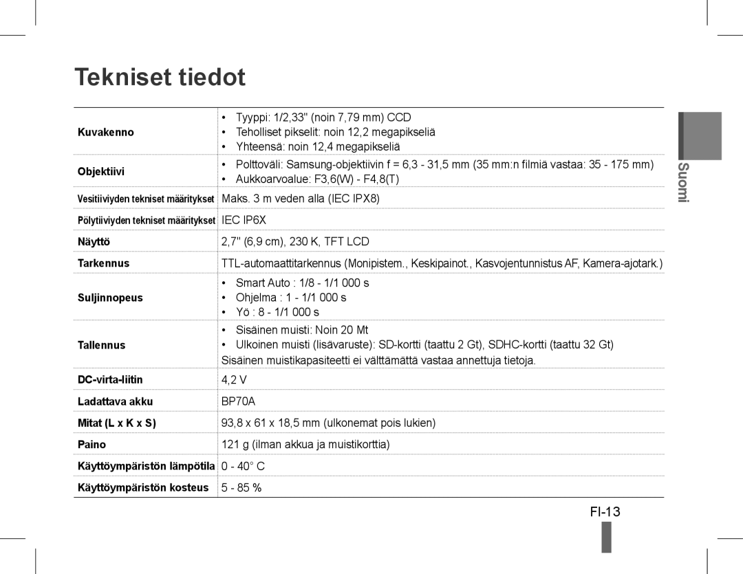 Samsung EC-WP10ZZDPRME, EC-ST60ZZBPLE1, EC-ST60ZZBPSE1, EC-ST60ZZBPRE1, EC-ST61ZZBPRE1, EC-WP10ZZBPUE1 Tekniset tiedot, FI-13 