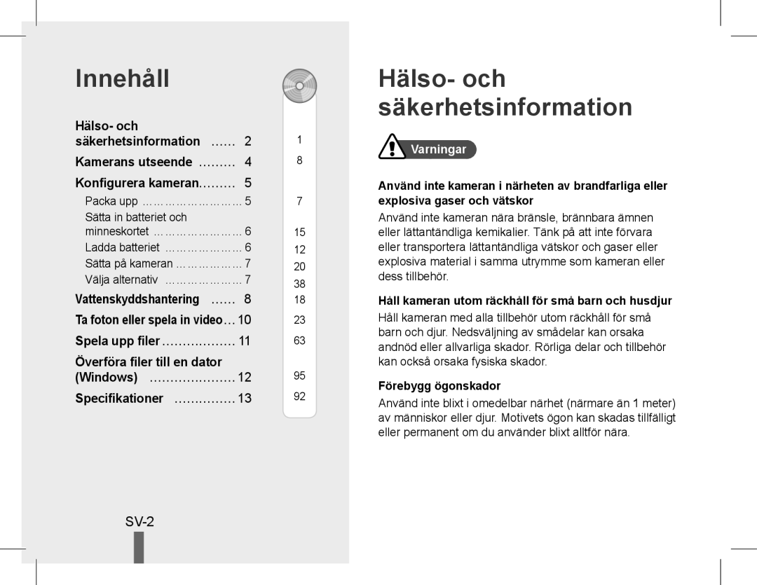 Samsung EC-WP10ZZBPYSA, EC-ST60ZZBPLE1 manual Innehåll, Hälso- och säkerhetsinformation, SV-2, Överföra filer till en dator 