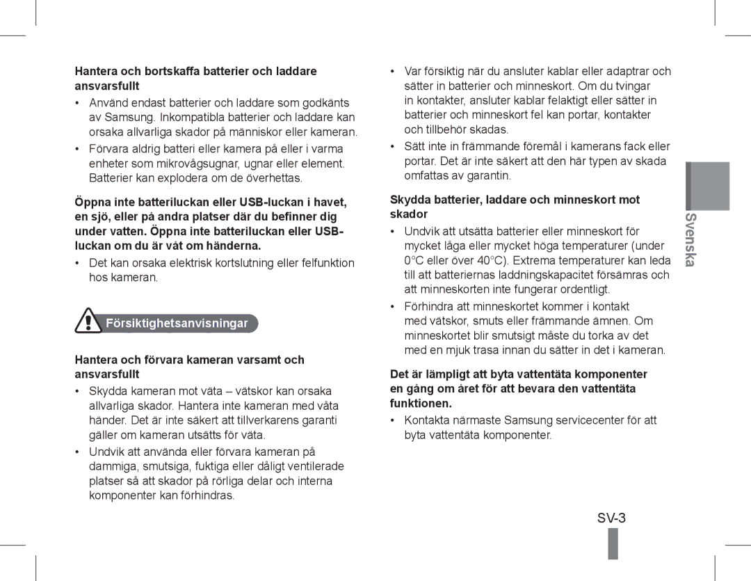 Samsung EC-WP10ZZBPBSA manual SV-3, Hantera och bortskaffa batterier och laddare ansvarsfullt, Försiktighetsanvisningar 