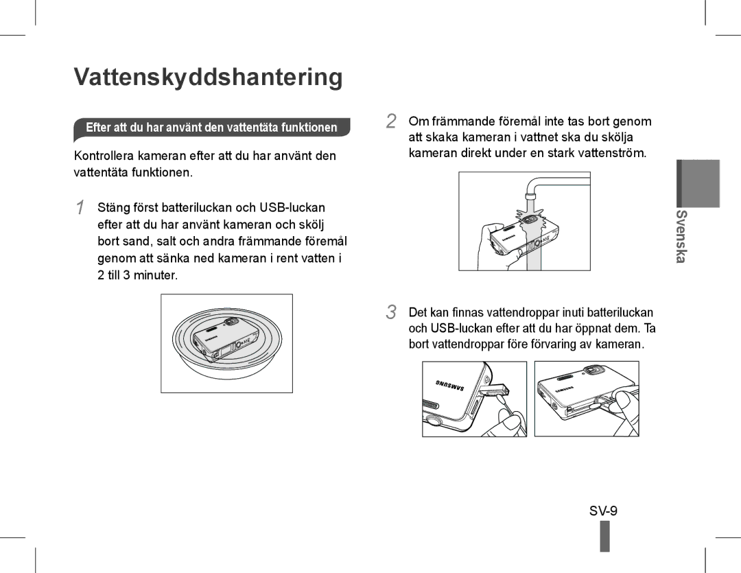 Samsung EC-ST60ZZBPLIL, EC-ST60ZZBPLE1 manual Vattenskyddshantering, SV-9, Efter att du har använt den vattentäta funktionen 