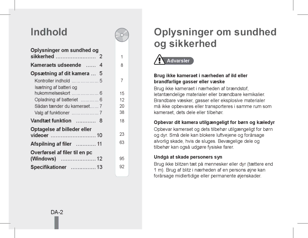 Samsung EC-WP10ZZDPYIR, EC-ST60ZZBPLE1, EC-ST60ZZBPSE1, EC-ST60ZZBPRE1 Indhold, Oplysninger om sundhed og sikkerhed, DA-2 