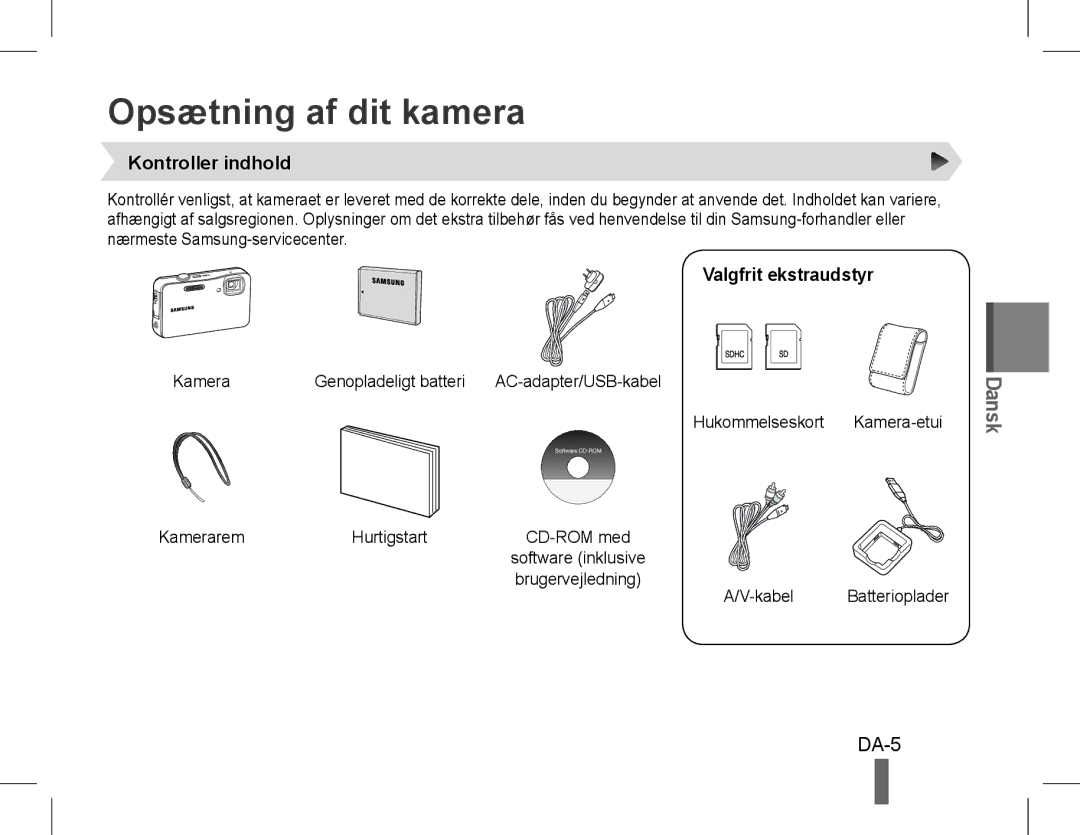 Samsung EC-WP10ZZDPUIR, EC-ST60ZZBPLE1 manual Opsætning af dit kamera, DA-5, Kontroller indhold, Valgfrit ekstraudstyr 